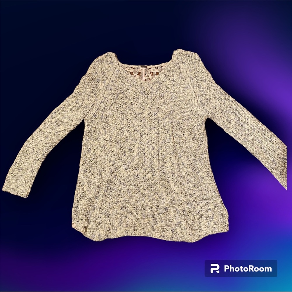 Poof Women Pullover Sweater Open Knitted V Neck Long Sleeves Ivory Size M
